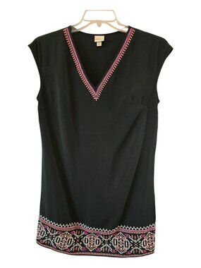 MERONA EMBROIDERED HEM BLACK VNECK MIDI DRESS MEDIUM RELAXED VACATION CASUAL